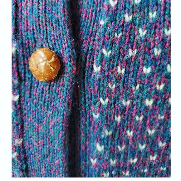 80's Woolrich Woman Blue Teal and Magenta Wool Bird's Eye Fisherman Cardigan M - Picture 3 of 5